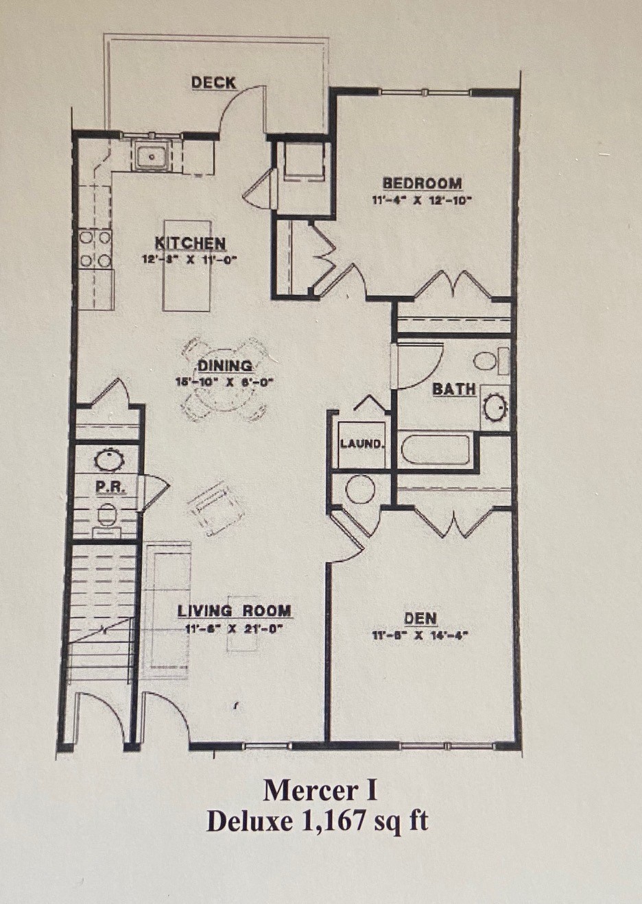 Floor plan for 1 bed, 1.5 baths, 1167 sqft